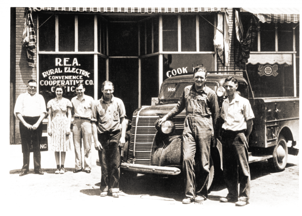 Rural Electric Convenience Cooperative’s first office was located in downtown Divernon and remained there until 1954. Some of the co-op’s first employees gathered for this photo. From left are Charles Masters, project superintendent, Elizabeth Roncz, secretary, Manford White, bookkeeper, Virgil Brown, lineman, Bud Wilson, foreman and Eric Dossett, lineman.
