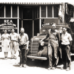 Rural Electric Convenience Cooperative’s first office was located in downtown Divernon and remained there until 1954. Some of the co-op’s first employees gathered for this photo. From left are Charles Masters, project superintendent, Elizabeth Roncz, secretary, Manford White, bookkeeper, Virgil Brown, lineman, Bud Wilson, foreman and Eric Dossett, lineman.