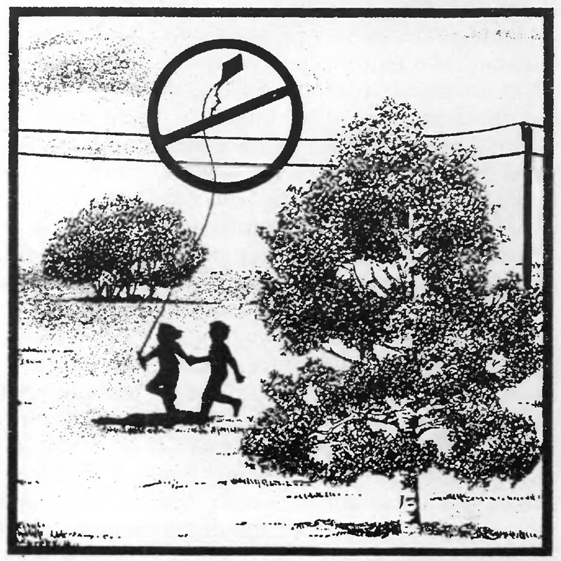 Illustration of children flying a kite near power lines