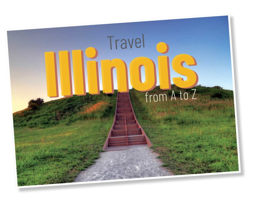 Postcard of Cahokia's Monk Mound with the words Travel Illinois from A to Z