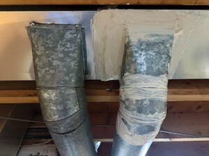 A side-by-side comparison shows where to apply mesh tape and sealant to close gaps around metal ducts.