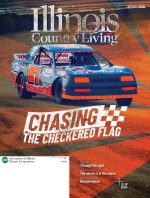 A derby car on a race track. Inside a checkered flag, the title: Chasing the checkered flag