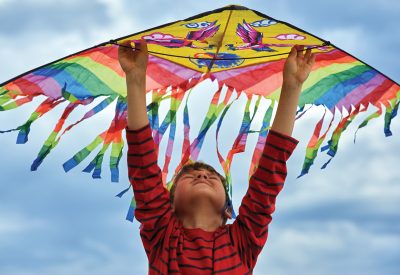A boy with a kite held triumphantly above his head