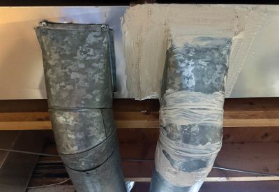 A side-by-side comparison shows where to apply mesh tape and sealant to close gaps around metal ducts.