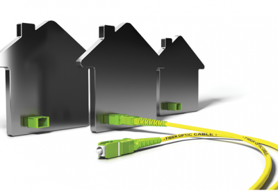 Graphic Image of three houses with fiber optic cable.