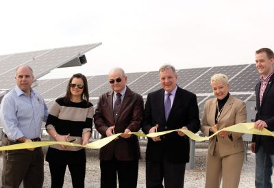 Federal and state representatives were on hand for the ribbon cutting at Illinois Rural Electric Cooperative’s Scott County Solar Plant on March 7. From left to right are: State Sen. Sam McCann; Mary Warren, USDA; Robert Brown, IL Rural Board President; U.S. Senator Dick Durbin; Ellen McCurdy, IL DCEO; and State Rep. C.D. Davidsmeyer.