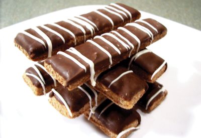 PupDog Bakery has a very popular peanut butter bar coated in carob with a yogurt drizzle.