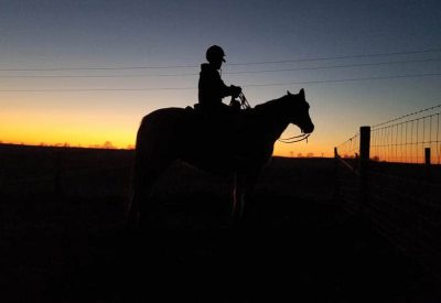 horse and rider silhouette and sunset.
