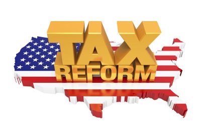 Graphic showing map of United States with heading of Tax Reform placed on the map.