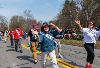 Becky Barlow marches in the 250th anniversary parade in Concord, Mass. Far right: Rob Morrison leads the “Concord cousins” in the parade.


Photos courtesy of Maia Kennedy Photography
