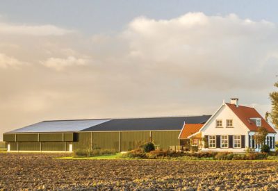 Modern farmhouse with barns in late afternoon light on a sunny day in the early autumn season.