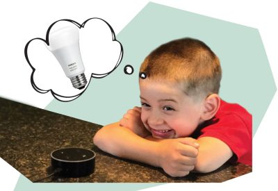 Boy daydreaming about a smart lightbulb